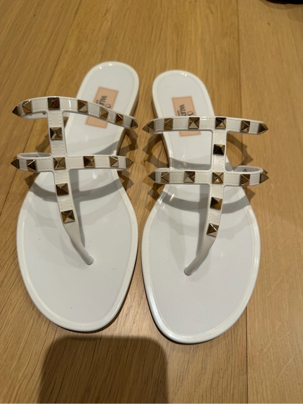 Valentino Garavani White Pyramid-Stud T-Strap Sandals